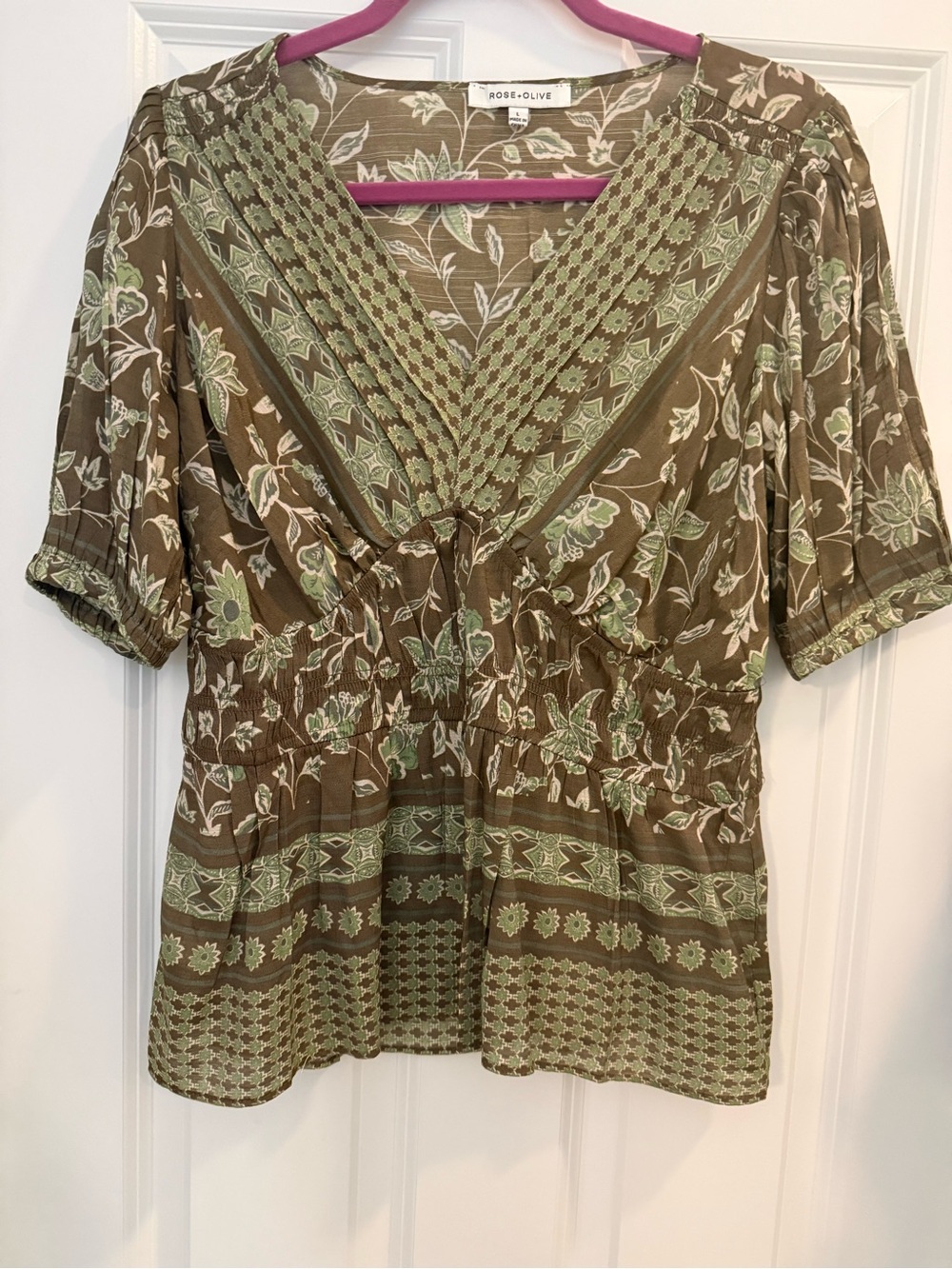 Rose & Olive Olive Brown Floral V-Neck Smocked Waist Tunic